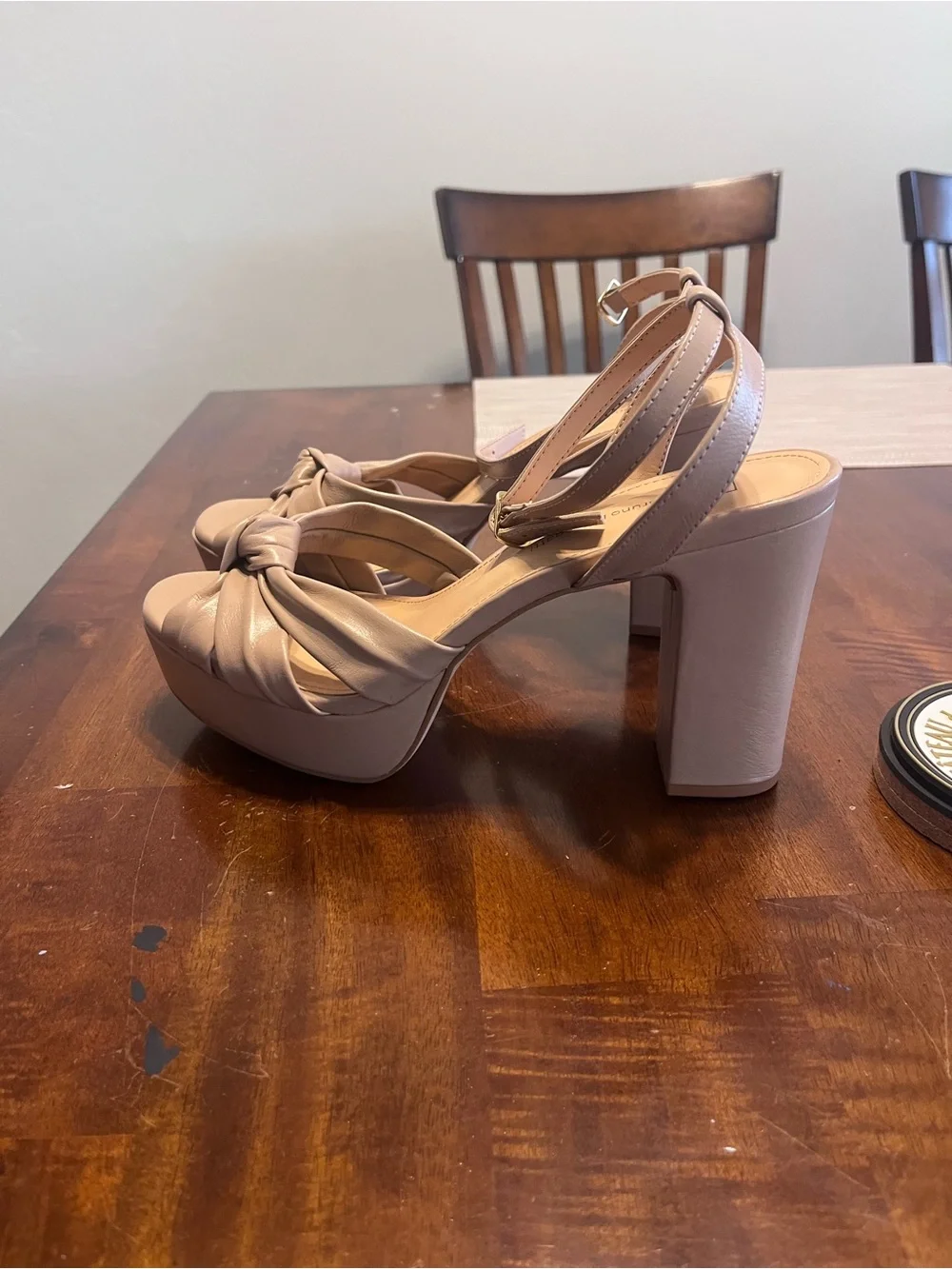 Bruno M Tan Knot front Platform ankle buckle and block heel Sandals